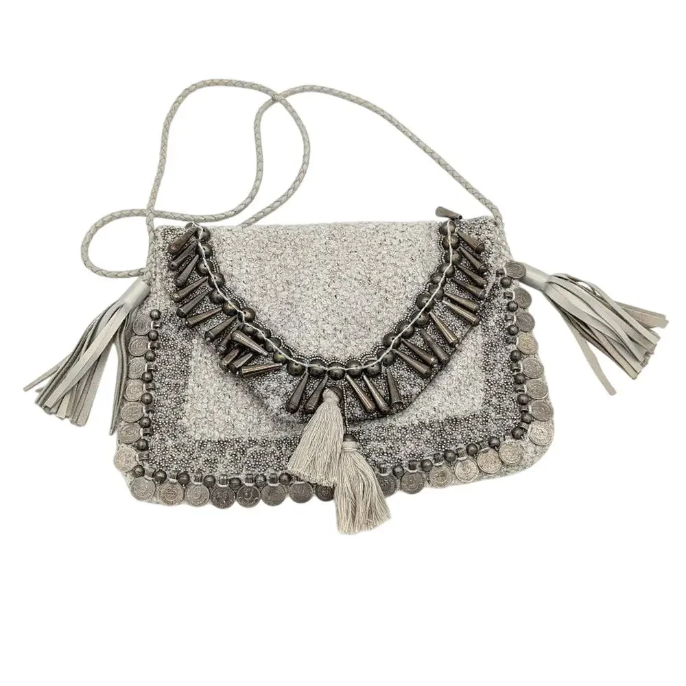Anthropologie IbBan Gray Beaded Crossbody Kona Clutch Coin Beads Tassels Boho